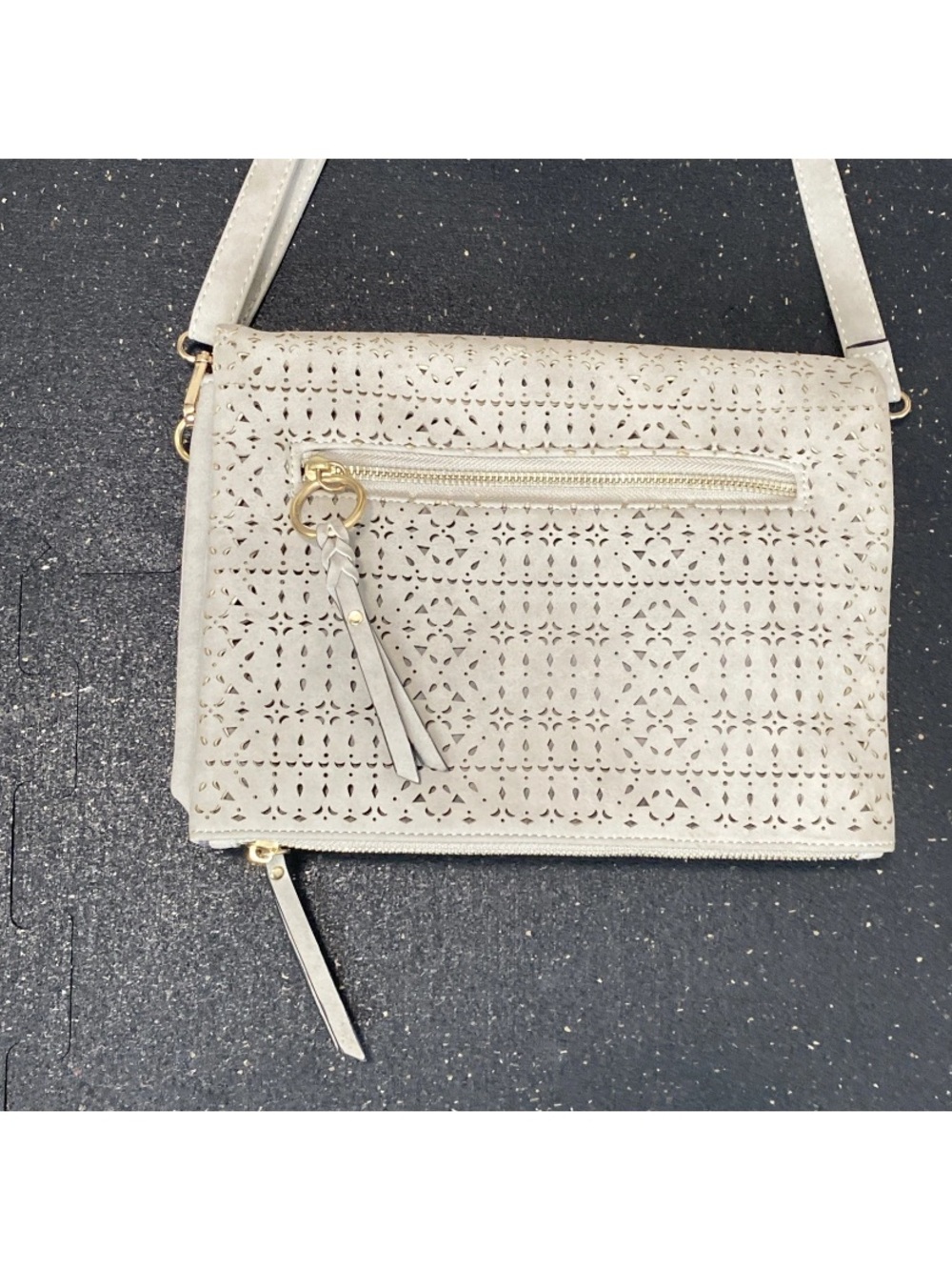 VR NYC Sadie Multi Compartment Crossbody Bag - Gray Laser Cut Details Flaws